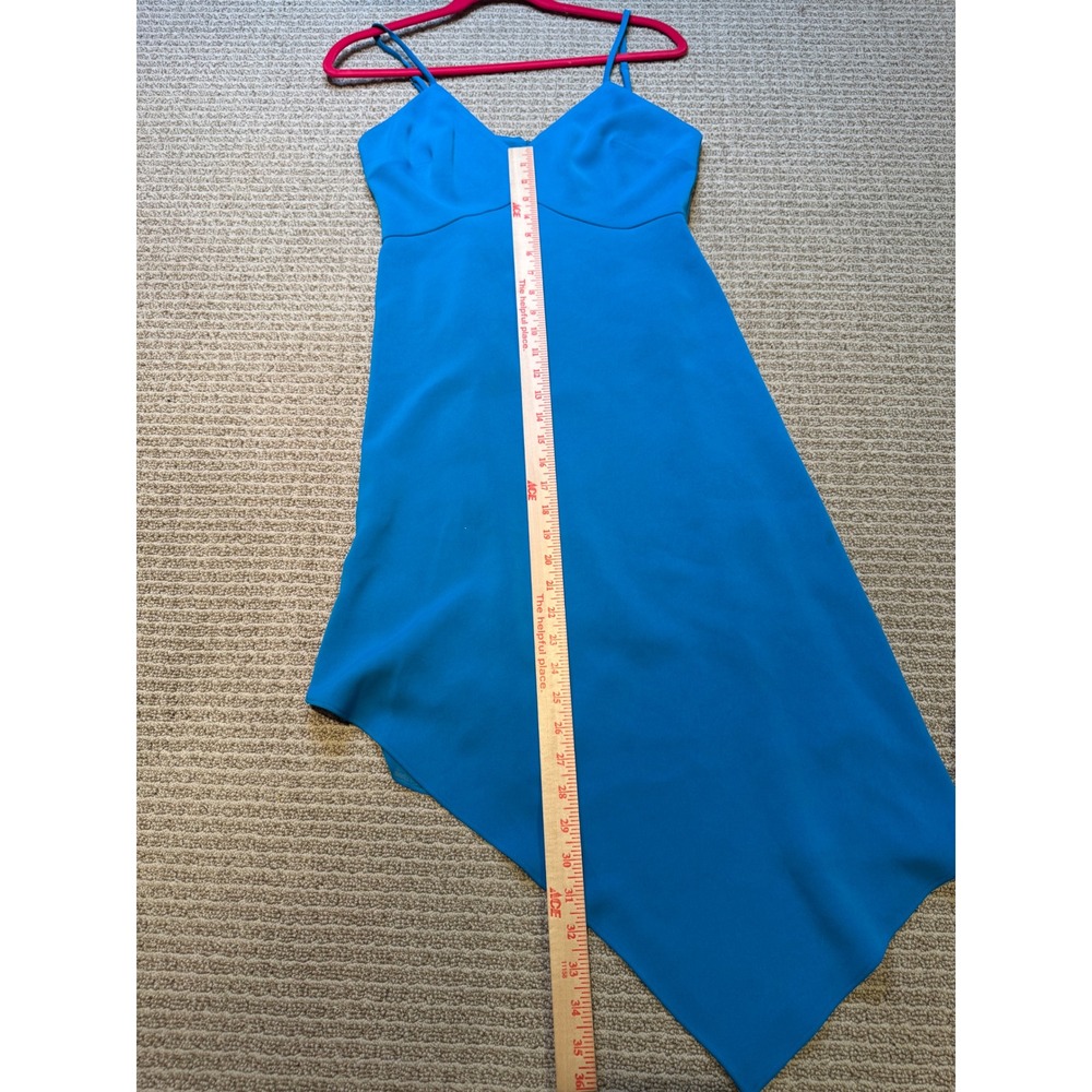 Alice + Olivia Teal Asymmetrical Midi Dress Size 6 Spaghetti Strap Fit Flare - Picture 10 of 10